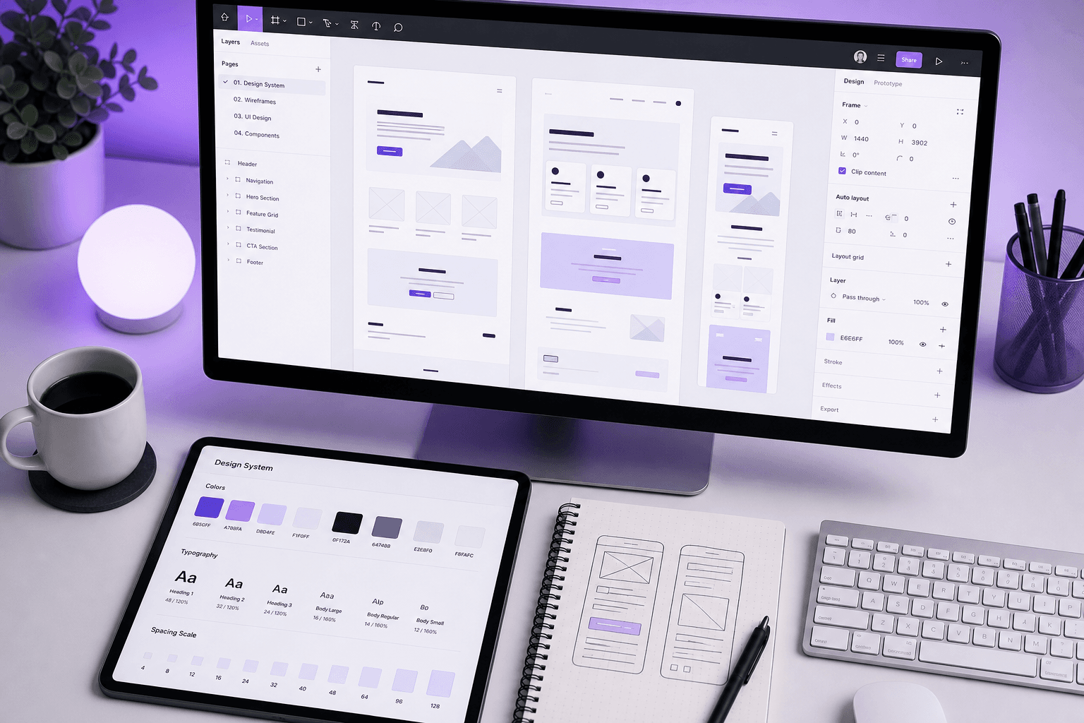 Workspace di design UI con mockup, palette colori e componenti