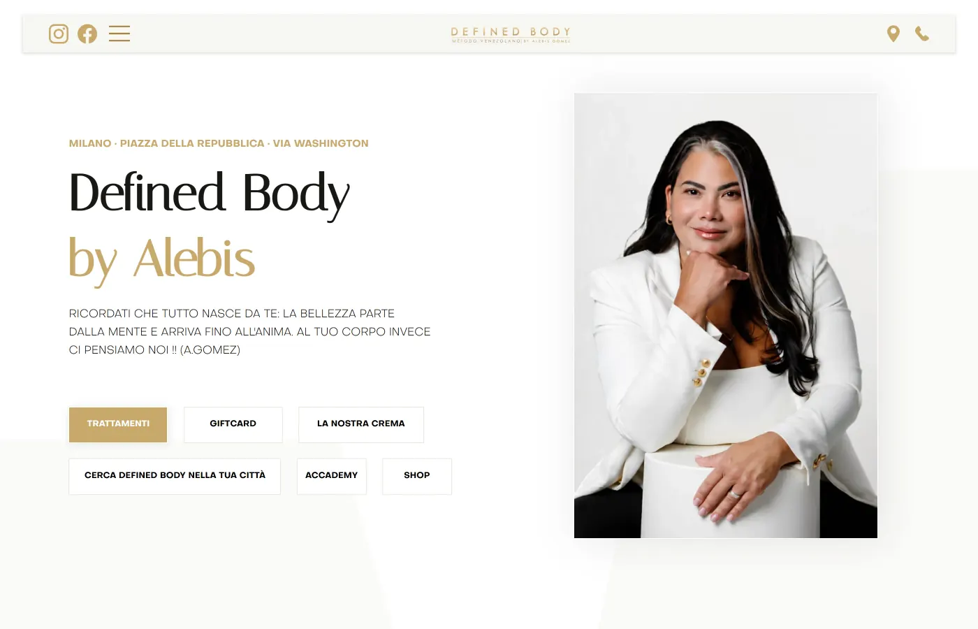 Screenshot della homepage di Defined Body by Alebis — e-commerce Wix per trattamenti, gift card e skincare a Milano