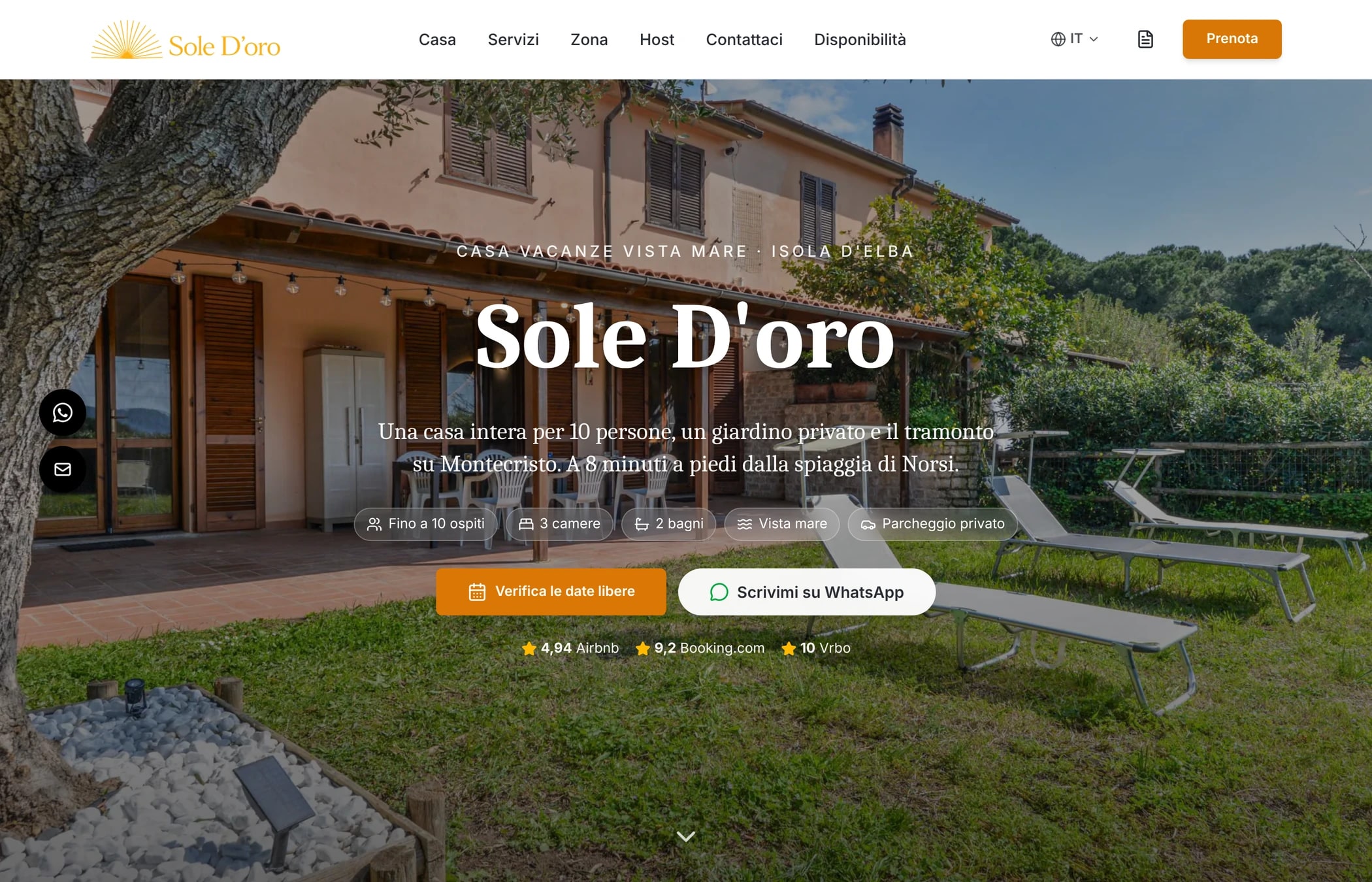 Screenshot della homepage di Sole D'oro House con hero panoramico e CTA verifica disponibilità