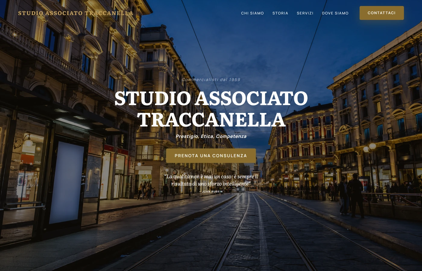 Screenshot della homepage di Studio Traccanella con hero a schermo intero e marchio in ottone