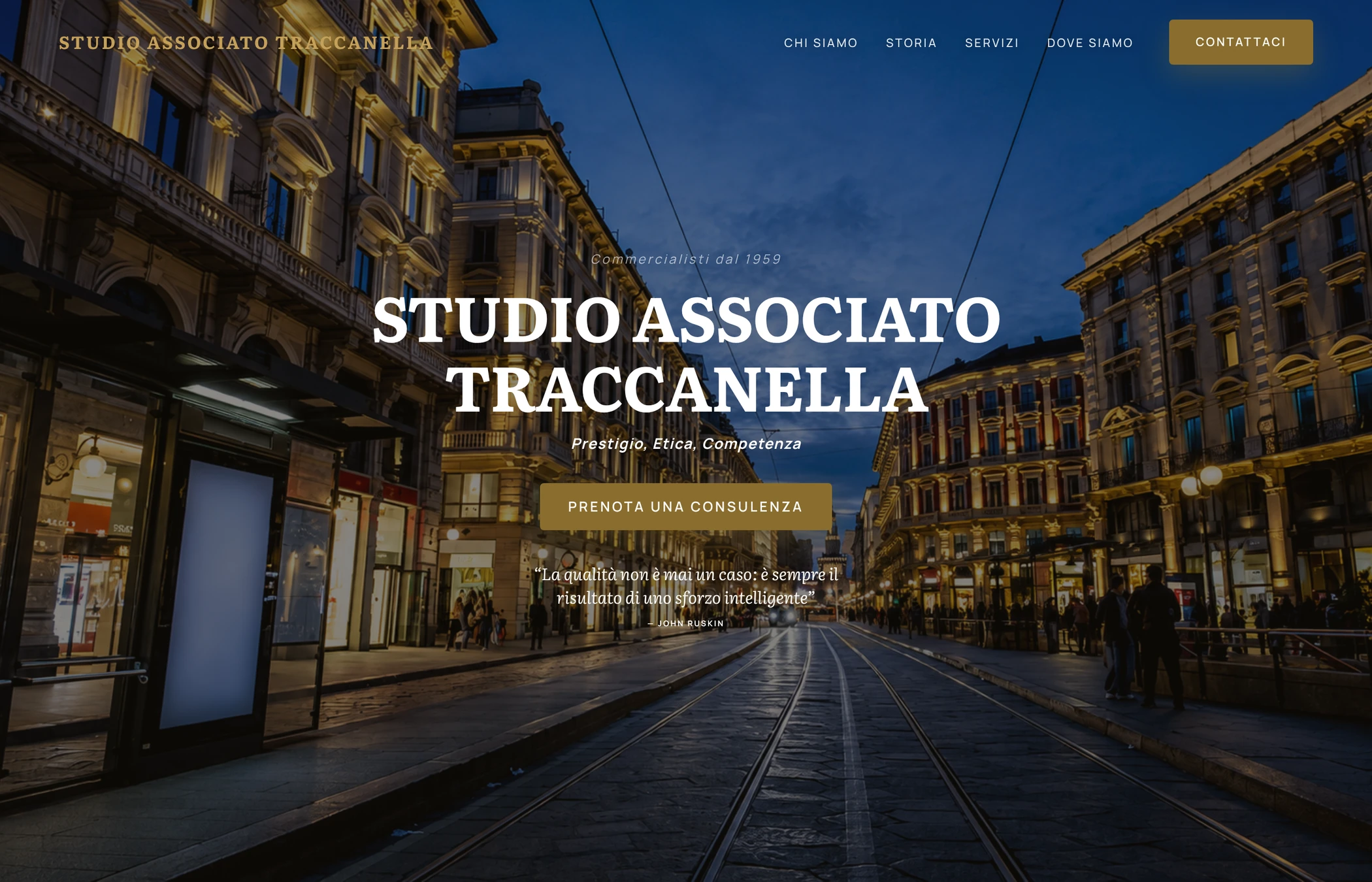 Screenshot della homepage di Studio Traccanella con hero a schermo intero e marchio in ottone