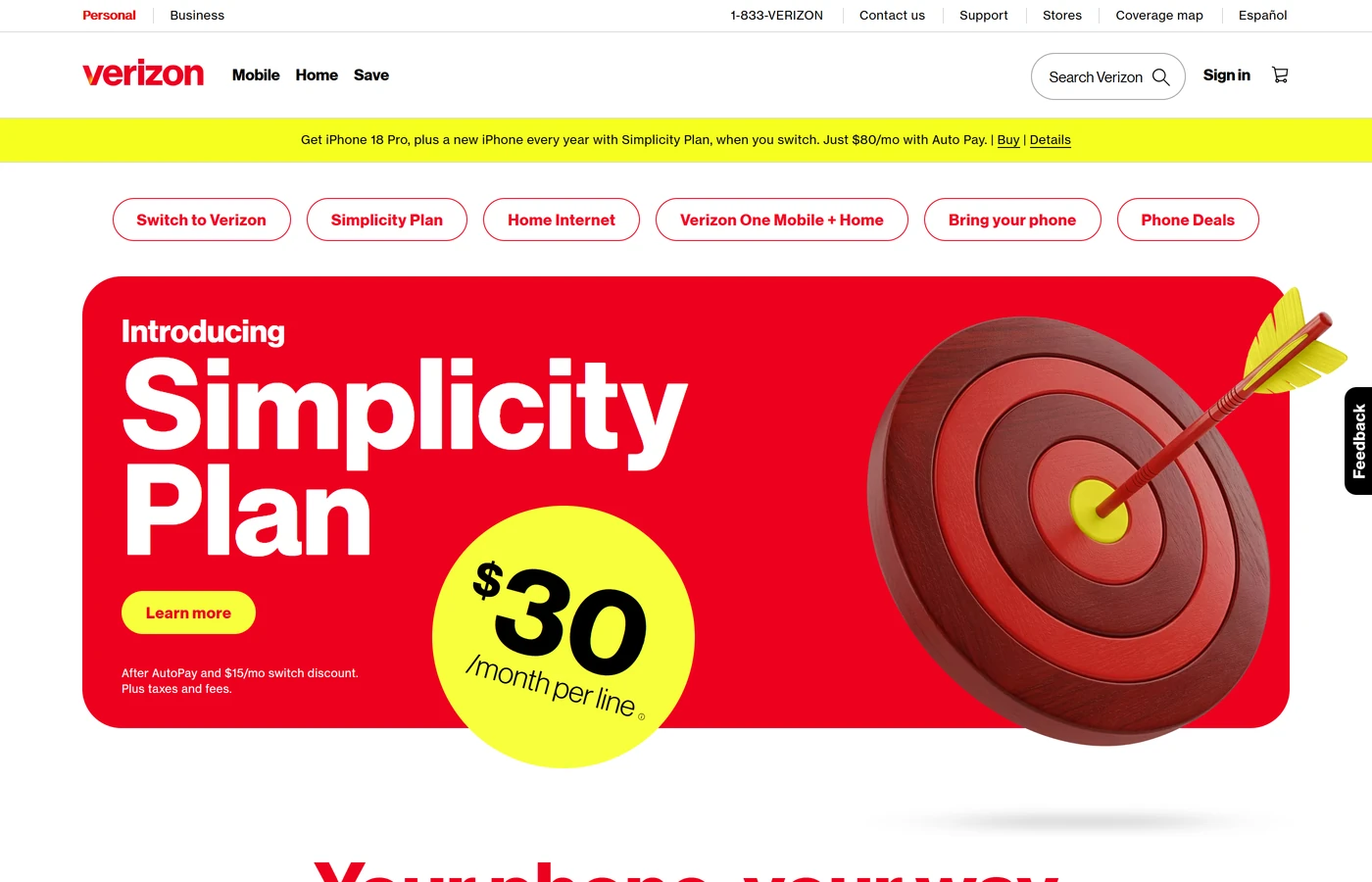 Screenshot della homepage di Verizon
