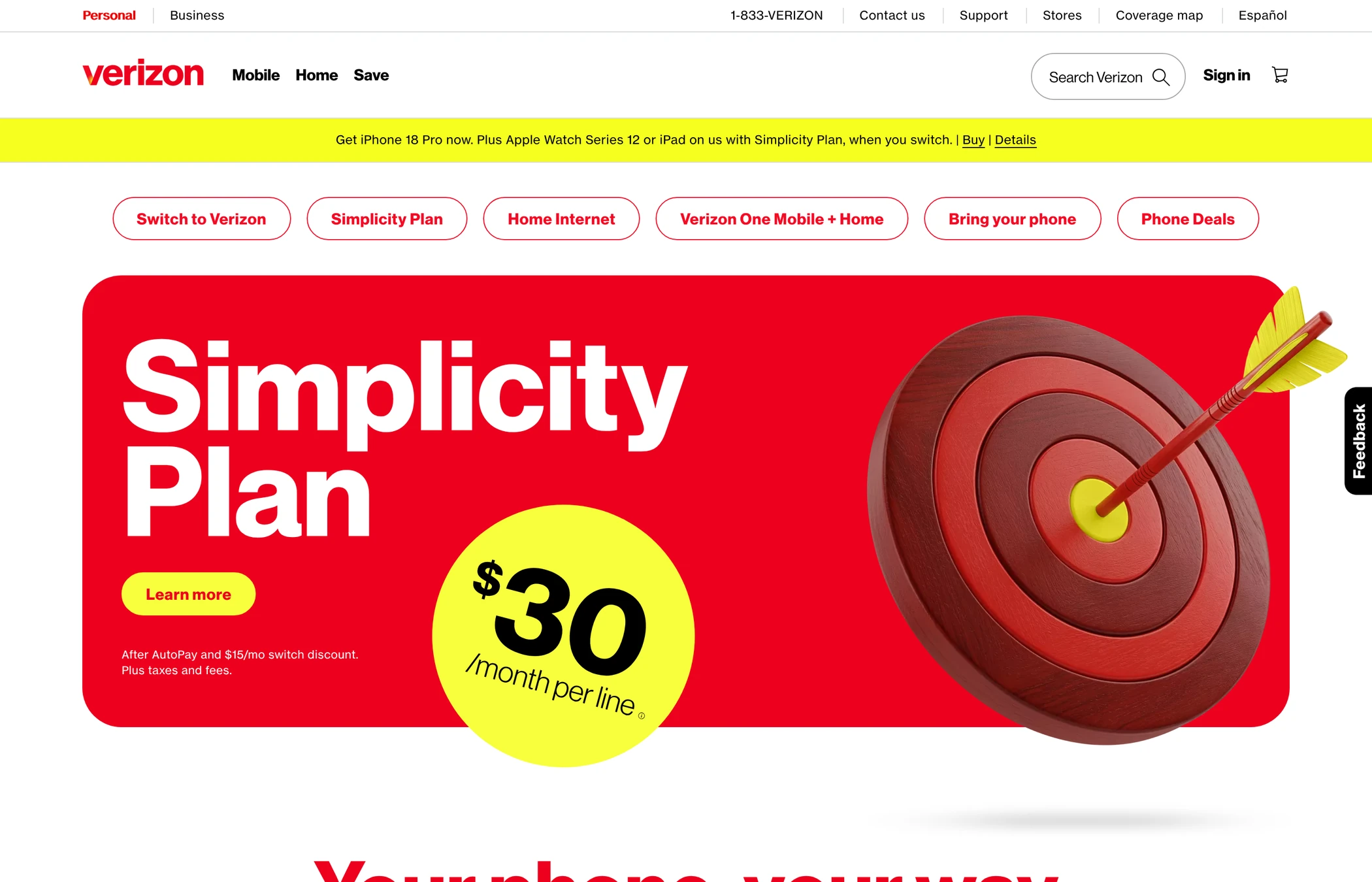 Screenshot della homepage di Verizon